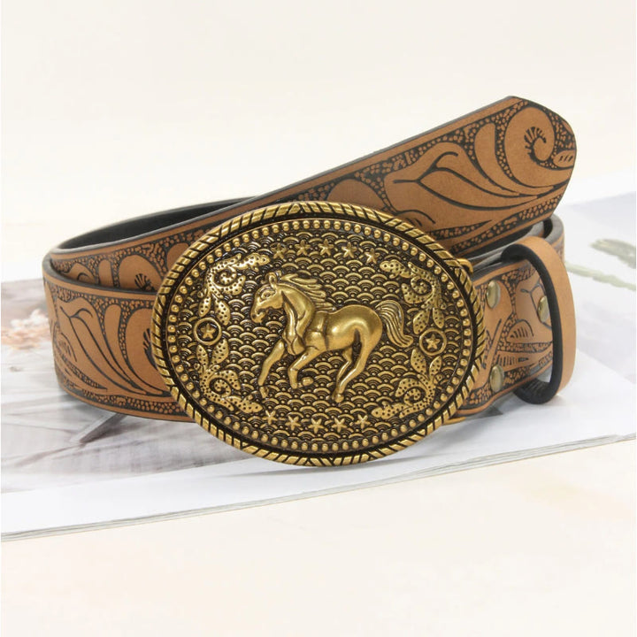 Cintura da uomo in pelle goffrata con fibbia a doppia testa di cavallo in stile western - Stile n. 3 - 38 - image 5
