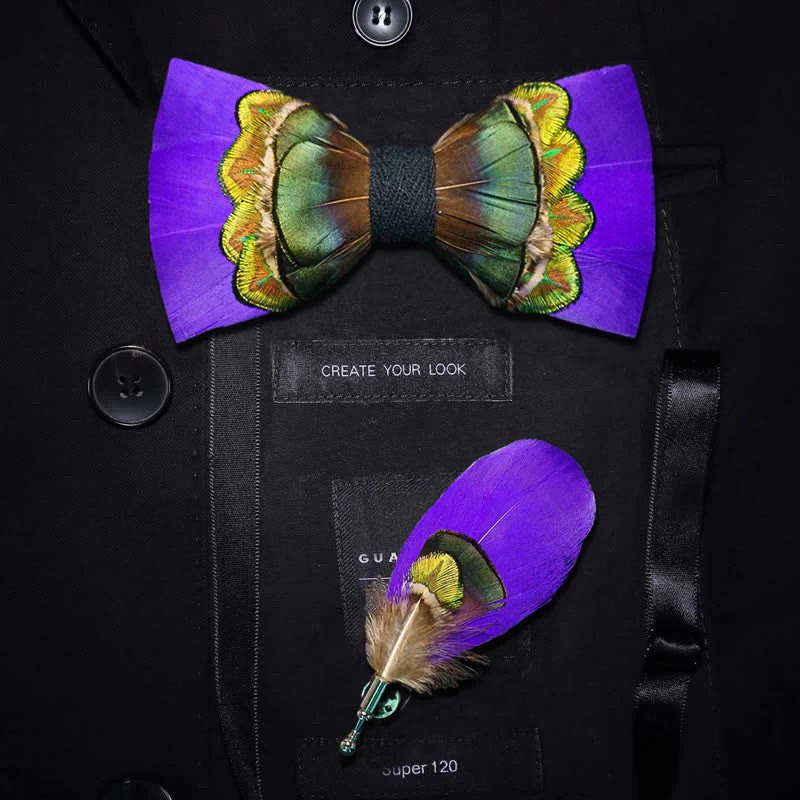 Papillon con piume reali viola e verdi con spilla da bavero - Viola e verde - Adulto - image 0