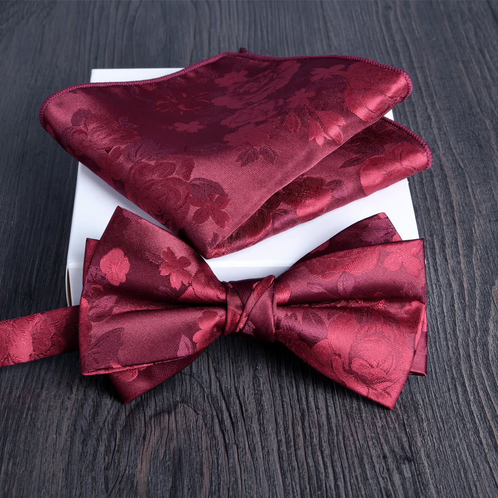 Set da 2 pezzi da uomo con papillon e fazzoletto da taschino in tessuto lucido con motivo floreale - Stile n. 1 - image 0