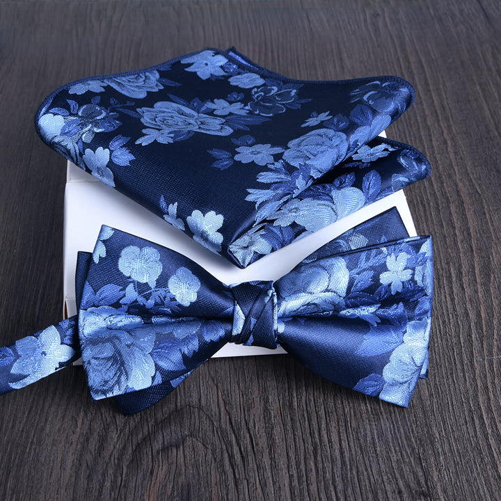 Set da 2 pezzi da uomo con papillon e fazzoletto da taschino in tessuto lucido con motivo floreale - Stile n. 6 - image 5
