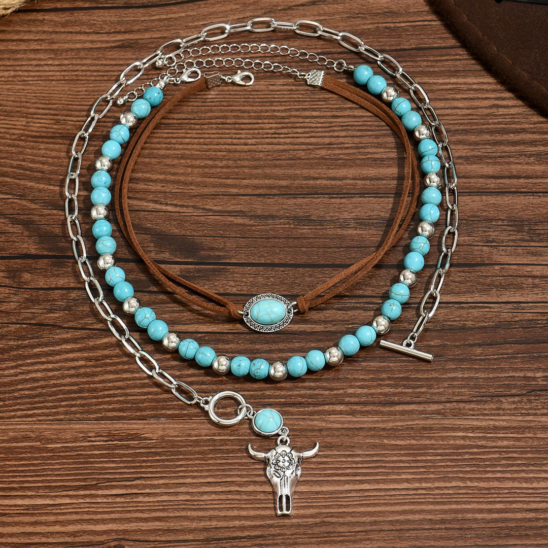 Collana in stile occidentale con ciondolo a forma di teschio di mucca in argento e perlina turchese - Blu - image 0