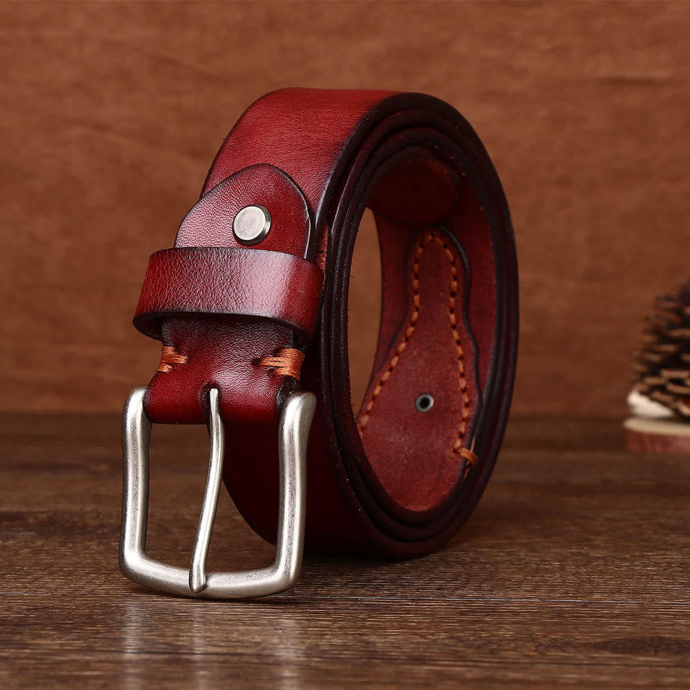 Cintura in pelle con fibbia ad ardiglione argentata retrò da uomo - Vino - 44 - image 6