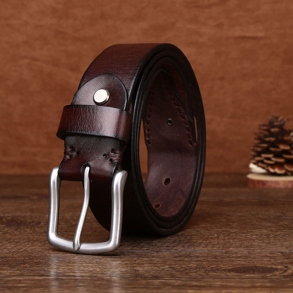 Cintura in pelle con fibbia ad ardiglione argentata retrò da uomo - Caffè - 44 - image 1