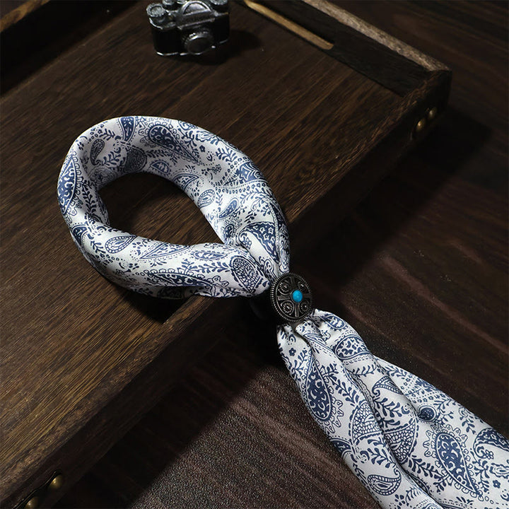 Fazzoletto da taschino vintage con elegante motivo Paisley e fibbia rotonda turchese - Bianco - image 0