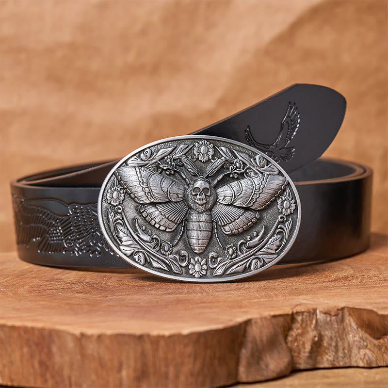 Cintura in pelle con fibbia a forma di falena con testa di teschio Dark Elegance - Argento - Cintura con aquila in rilievo nera - 42 - image 10