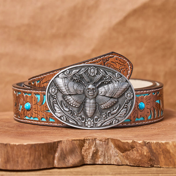 Cintura in pelle con fibbia a forma di falena con testa di teschio Dark Elegance - Argento - Cintura intagliata turchese - 42 - image 11