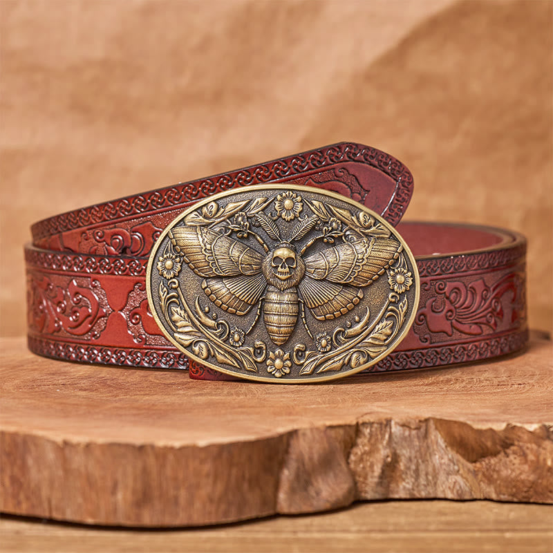 Cintura in pelle con fibbia a forma di falena con testa di teschio Dark Elegance - Bronzo - Cintura marrone intagliata - 42 - image 6