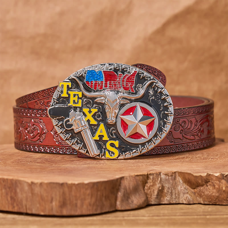 Cintura in pelle con fibbia fai da te a forma di stella e corno di bue in stile Texas - Corno lungo del Texas - Cintura marrone intagliata - 42 - image 6