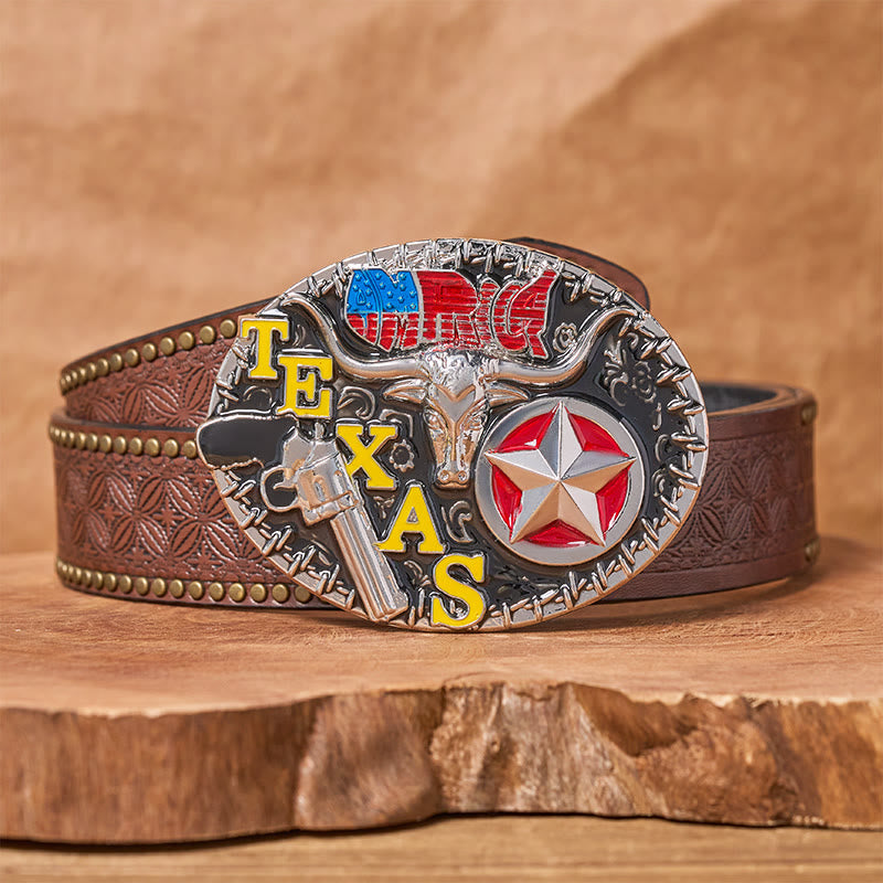 Cintura in pelle con fibbia fai da te a forma di stella e corno di bue in stile Texas - Corno lungo del Texas - Cintura con rivetti marroni - 42 - image 4