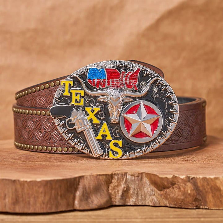 Cintura in pelle con fibbia fai da te a forma di stella e corno di bue in stile Texas - Corno lungo del Texas - Cintura con rivetti marroni - 42 - image 4