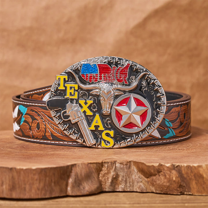 Cintura in pelle con fibbia fai da te a forma di stella e corno di bue in stile Texas - Corno lungo del Texas - Cintura di piume marroni - 40 - image 7