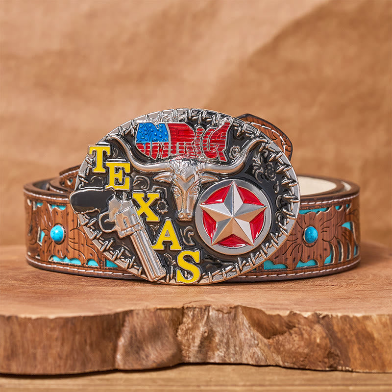 Cintura in pelle con fibbia fai da te a forma di stella e corno di bue in stile Texas - Corno lungo del Texas - Cintura intagliata turchese - 42 - image 3