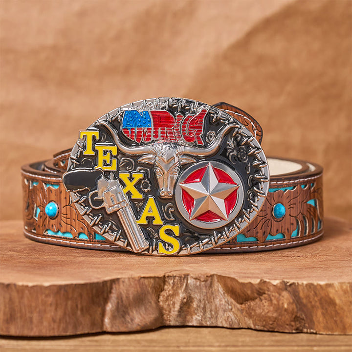 Cintura in pelle con fibbia fai da te a forma di stella e corno di bue in stile Texas - Corno lungo del Texas - Cintura intagliata turchese - 42 - image 3