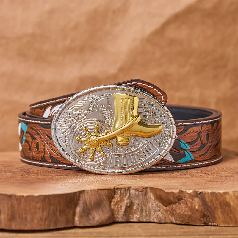 Cintura in pelle con fibbia fai da te con stivali da rodeo a stella rotante - Stivali da cowboy - Cintura di piume marroni - 40 - image 7