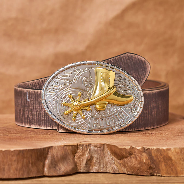 Cintura in pelle con fibbia fai da te con stivali da rodeo a stella rotante - Stivali da cowboy - Cintura marrone anticata - 42 - image 5