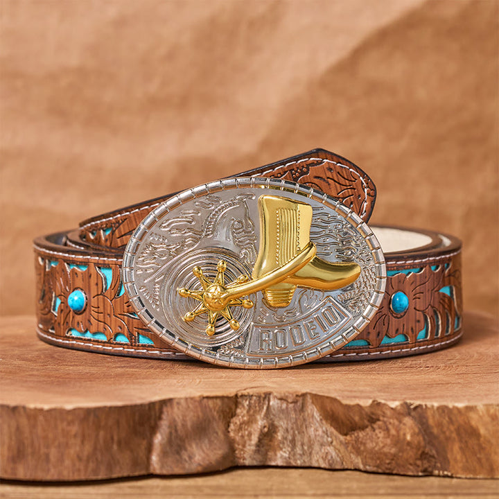 Cintura in pelle con fibbia fai da te con stivali da rodeo a stella rotante - Stivali da cowboy - Cintura intagliata turchese - 42 - image 3