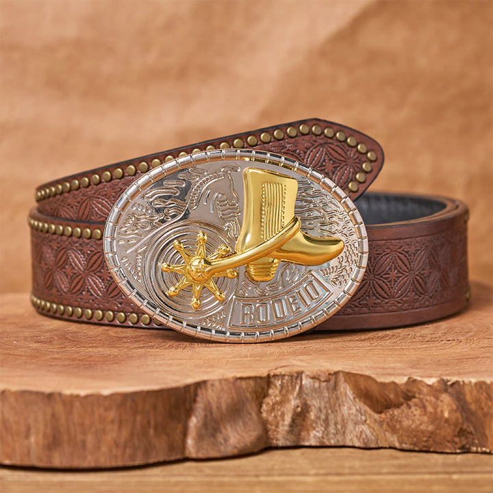 Cintura in pelle con fibbia fai da te con stivali da rodeo a stella rotante - Stivali da cowboy - Cintura con rivetti marroni - 42 - image 4