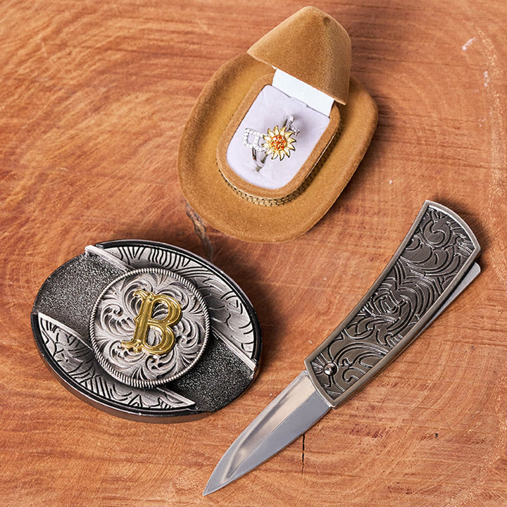 Set di fibbie per cintura fai da te con anello rotante a forma di girasole e lettera iniziale, con coltello nascosto - image 1