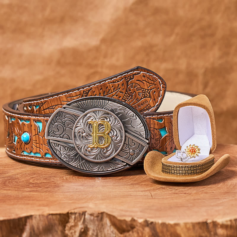 Set di fibbie per cintura fai da te con anello rotante a forma di girasole e lettera iniziale, con coltello nascosto - B - Cintura intagliata turchese (40) - image 4