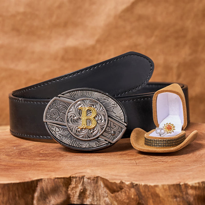 Set di fibbie per cintura fai da te con anello rotante a forma di girasole e lettera iniziale, con coltello nascosto - B - Cintura con aquila in rilievo nera (40) - image 3