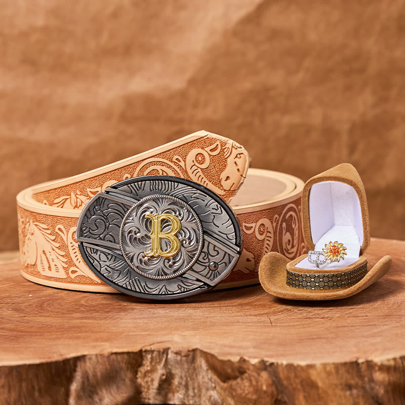 Set di fibbie per cintura fai da te con anello rotante a forma di girasole e lettera iniziale, con coltello nascosto - B - Cintura con cavallo in rilievo cammello (40) - image 5
