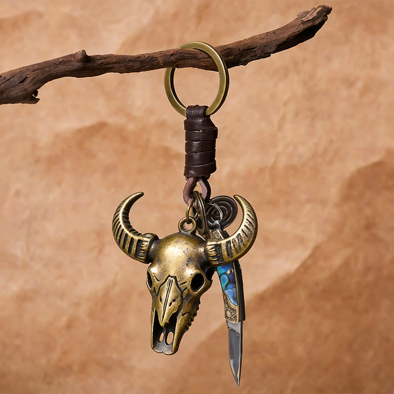Portachiavi con coltello pieghevole a forma di testa di toro retrò e texture a conchiglia - image 3