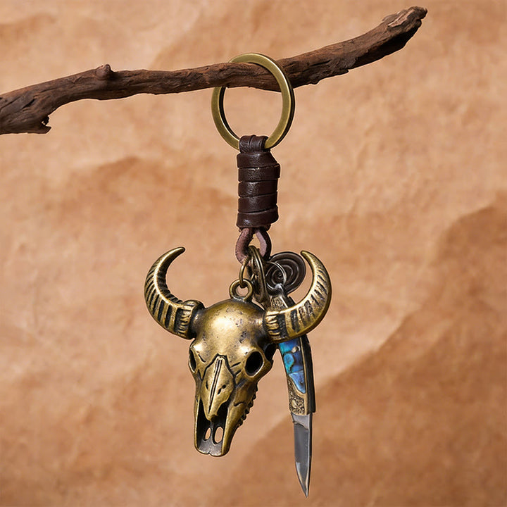 Portachiavi con coltello pieghevole a forma di testa di toro retrò e texture a conchiglia - image 3
