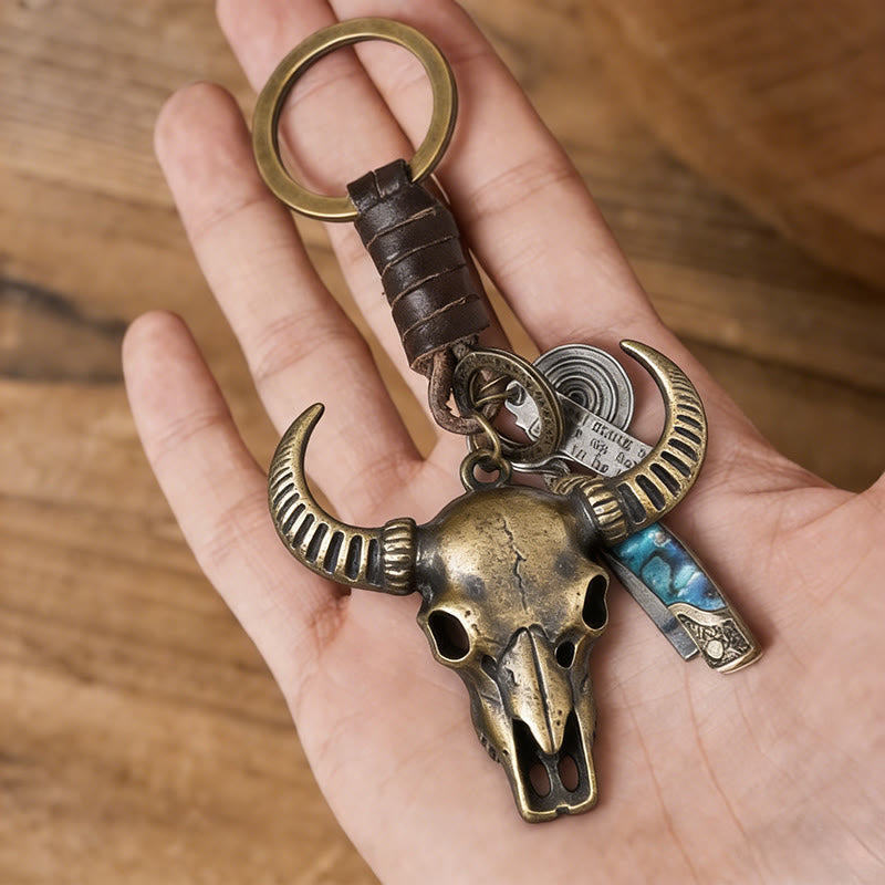 Portachiavi con coltello pieghevole a forma di testa di toro retrò e texture a conchiglia - image 2