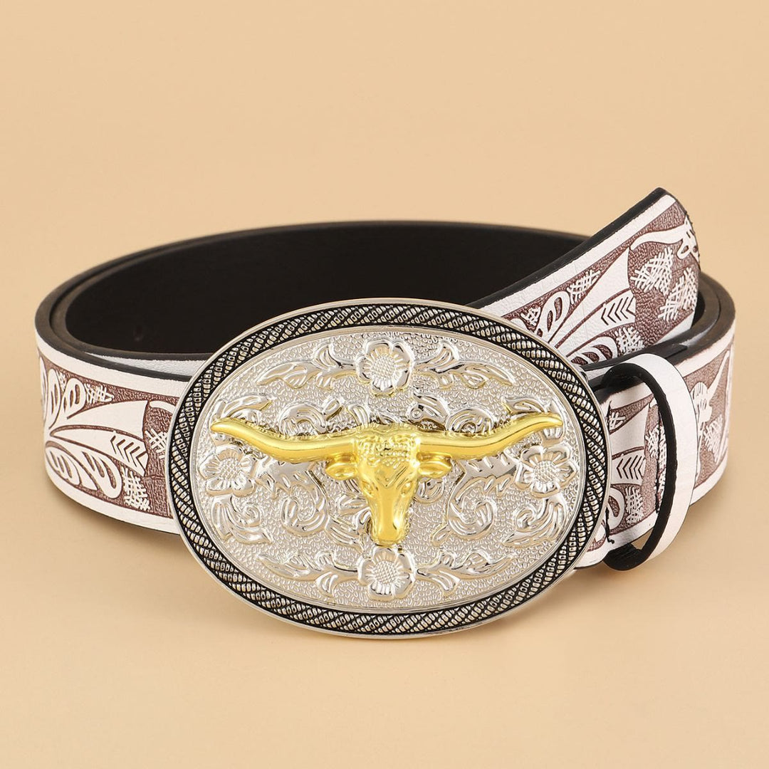 Cintura in pelle da uomo con emblema retrò a testa di toro - Bianco - 38 - image 0