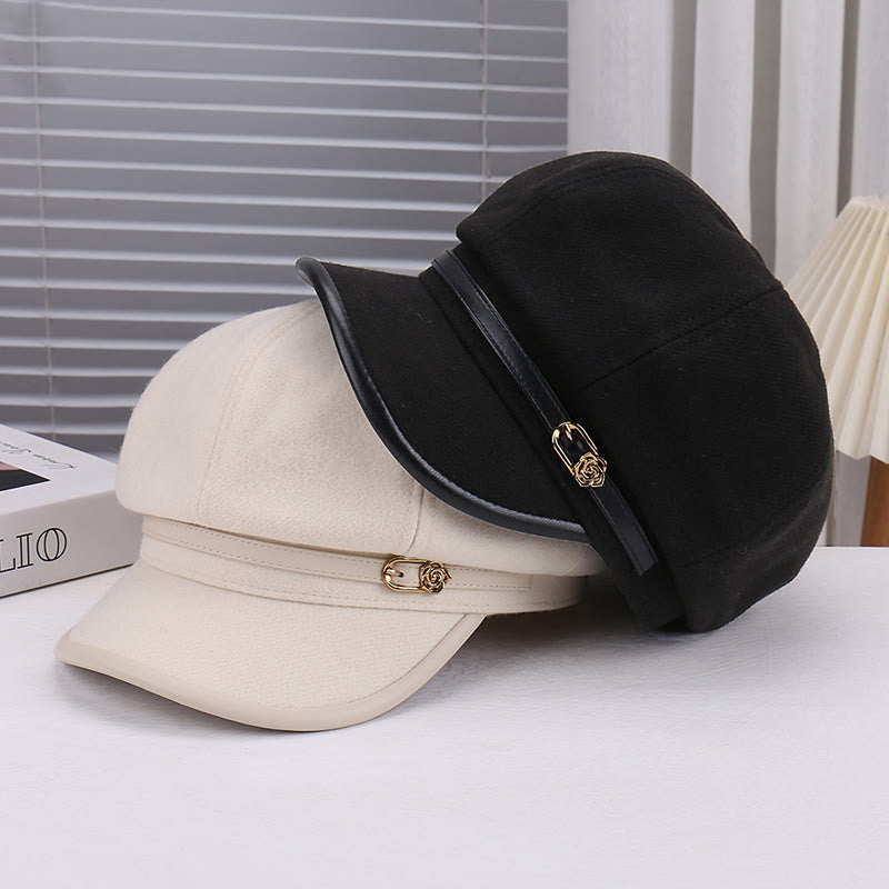 Cappello basco da donna con cinturino in pelle e lana a forma di rosa - image 5