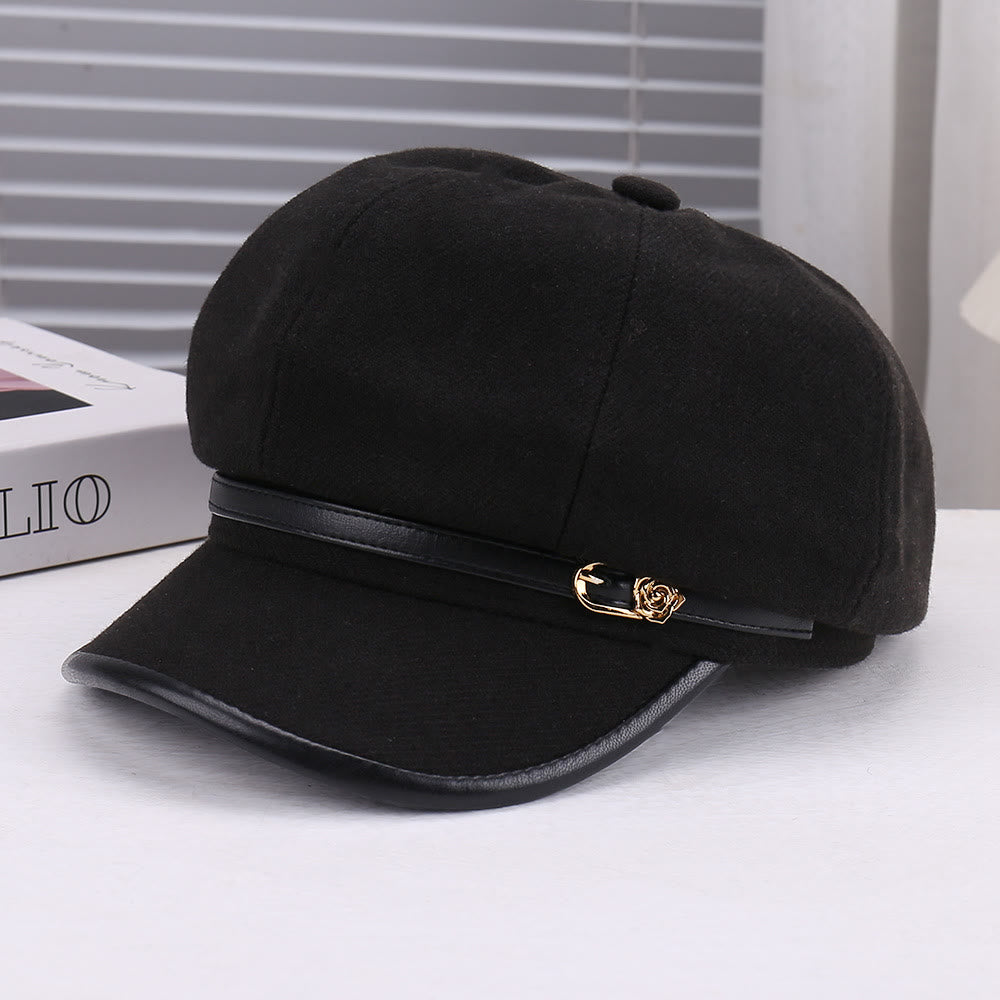 Cappello basco da donna con cinturino in pelle e lana a forma di rosa - Nero - Regolabile (22 - 22 7/8'') - image 2