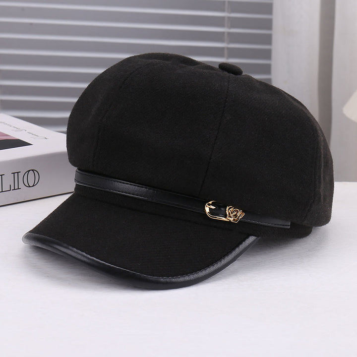 Cappello basco da donna con cinturino in pelle e lana a forma di rosa - Nero - Regolabile (22 - 22 7/8'') - image 2