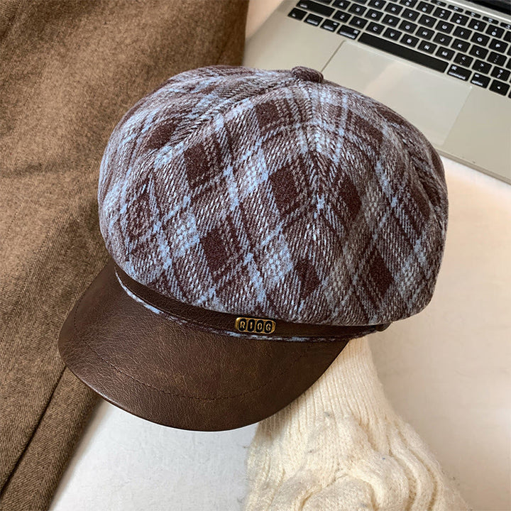 Cappello basco da donna con tesa in pelle a quadri - Blu - Regolabile (22 - 22 7/8'') - image 0