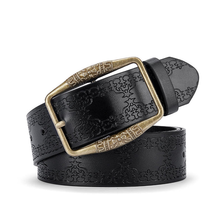 Cintura in pelle con fibbia decorativa con motivo retrò da uomo - Nero - 42 - image 2