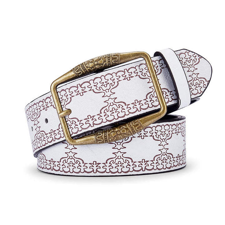 Cintura in pelle con fibbia decorativa con motivo retrò da uomo - Bianco - 42 - image 3