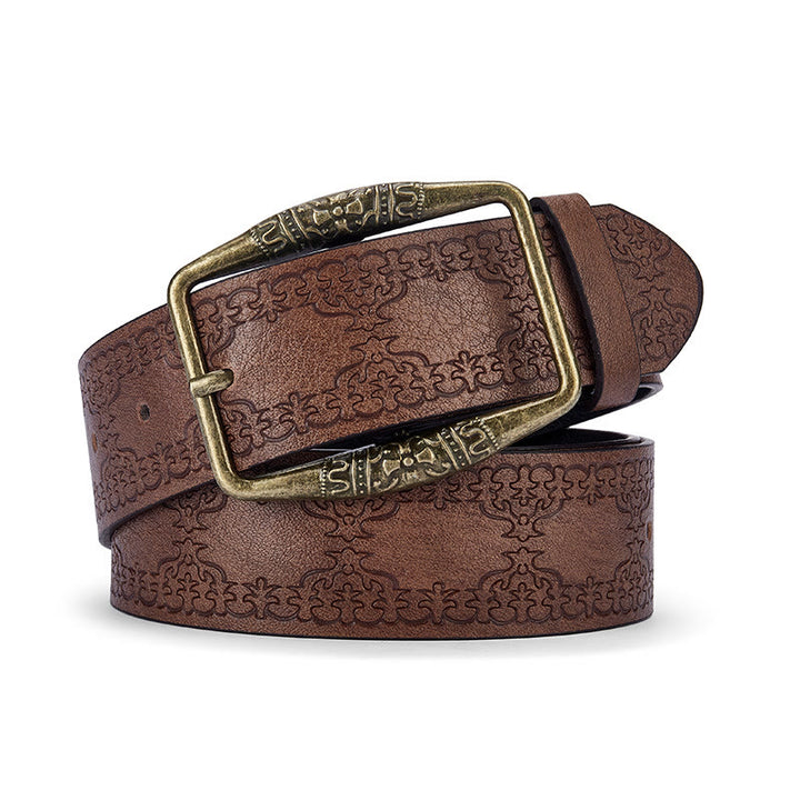 Cintura in pelle con fibbia decorativa con motivo retrò da uomo - Marrone - 42 - image 0