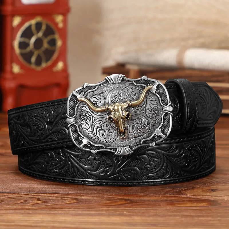 Cintura in pelle da uomo con emblema retrò intagliato a forma di teschio di toro - Nero - 44 - image 0