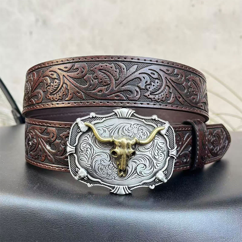 Cintura in pelle da uomo con emblema retrò intagliato a forma di teschio di toro - Caffè - 44 - image 1