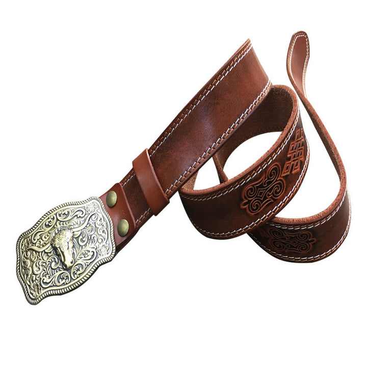 Cintura da uomo in pelle goffrata con fibbia a forma di testa di toro in rame, in stile western - Marrone - 44 - image 8