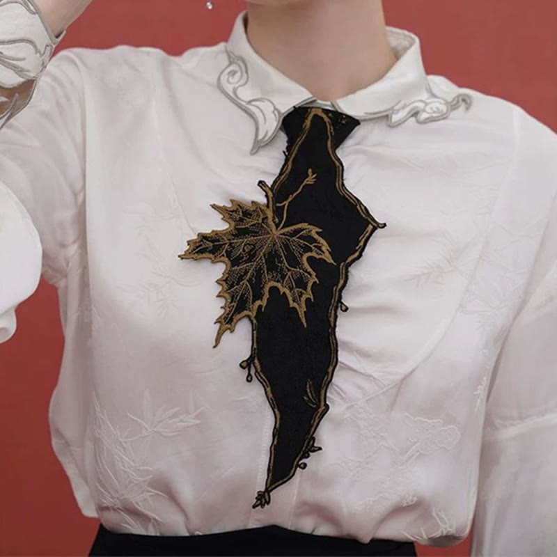 Cravatta da donna con cerniera e ricamo a forma di foglia d'acero nera - image 4