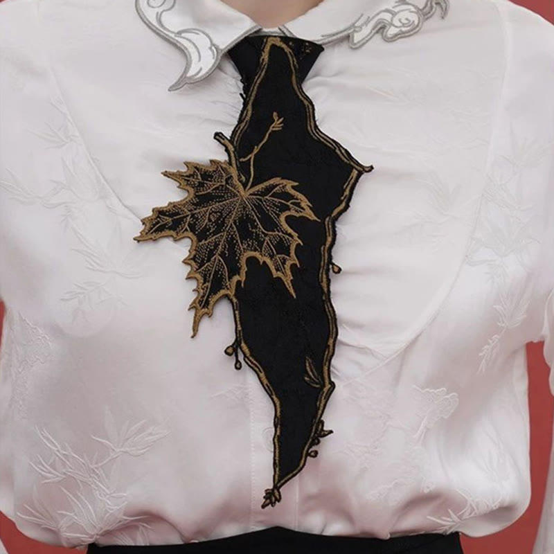 Cravatta da donna con cerniera e ricamo a forma di foglia d'acero nera - Nero - image 0