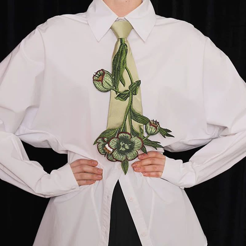 Cravatta con cerniera ricamata con motivi botanici verdi da donna - image 1