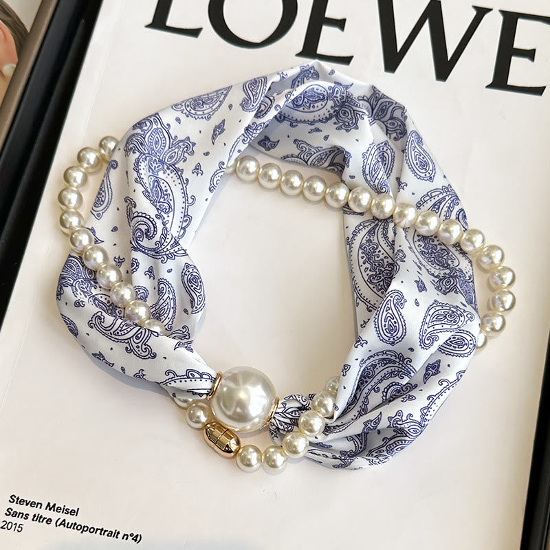 Collana con sciarpa e perle artificiali con chiusura magnetica da donna - Paisley blu navy - image 8