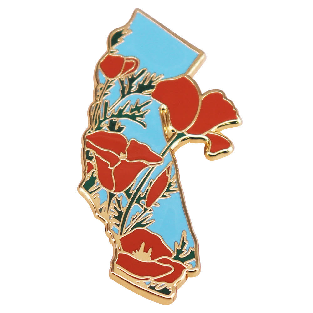 Spilla smaltata con papaveri della California in oro - Rosso e blu - image 0