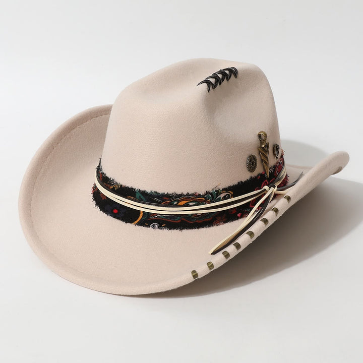Cappello da cowboy con piume in stile western e finiture sfrangiate - Beige - M (22"-22 7/8") - image 0