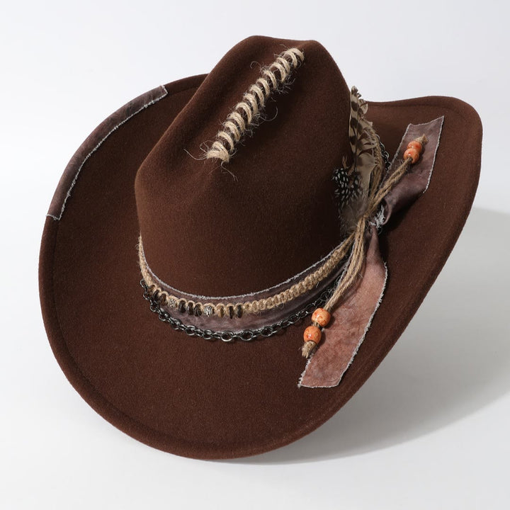 Cappello da cowboy in stile western con catena in pelle e piume - Caffè - M (22"-22 7/8") - image 4