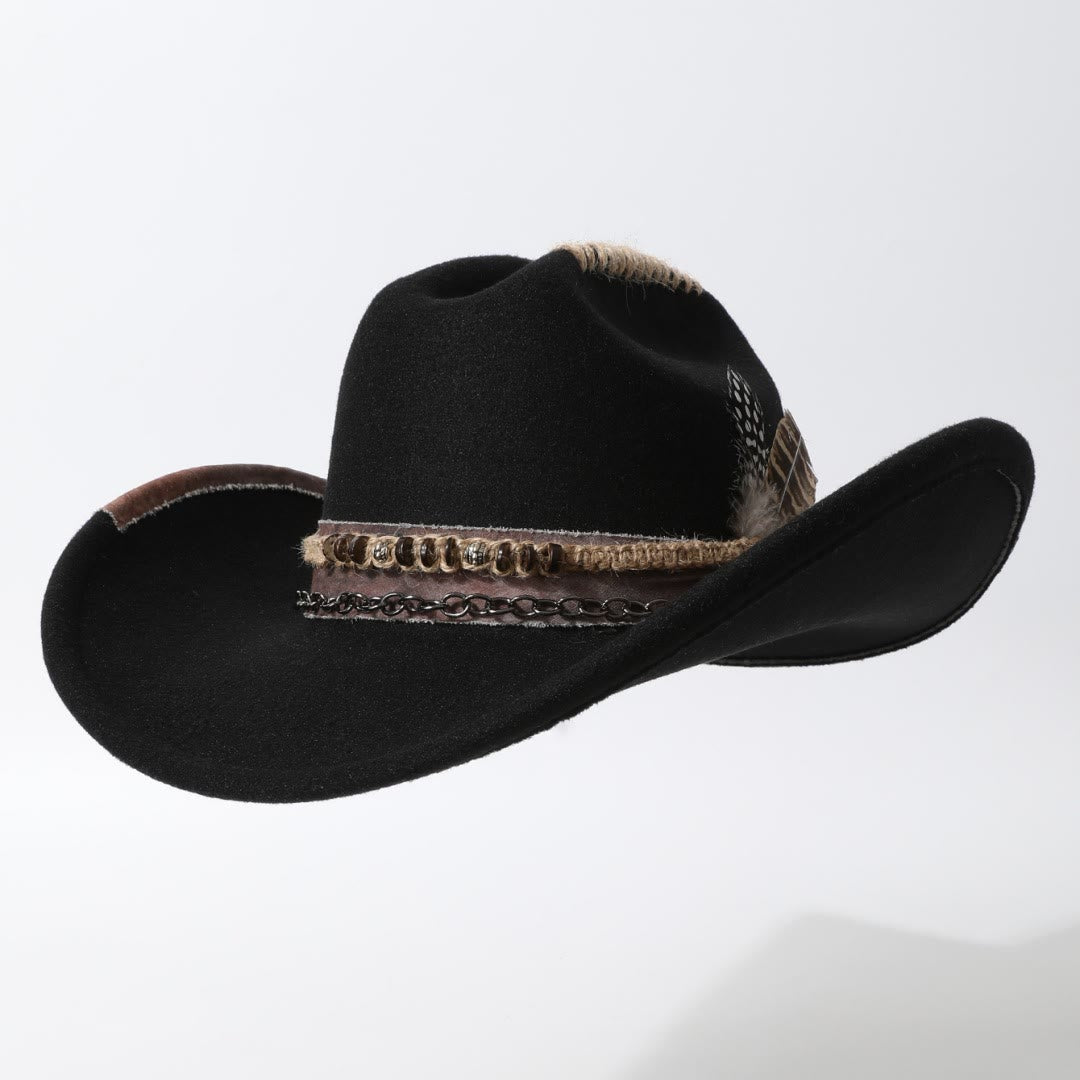 Cappello da cowboy in stile western con catena in pelle e piume - Nero - M (22"-22 7/8") - image 2