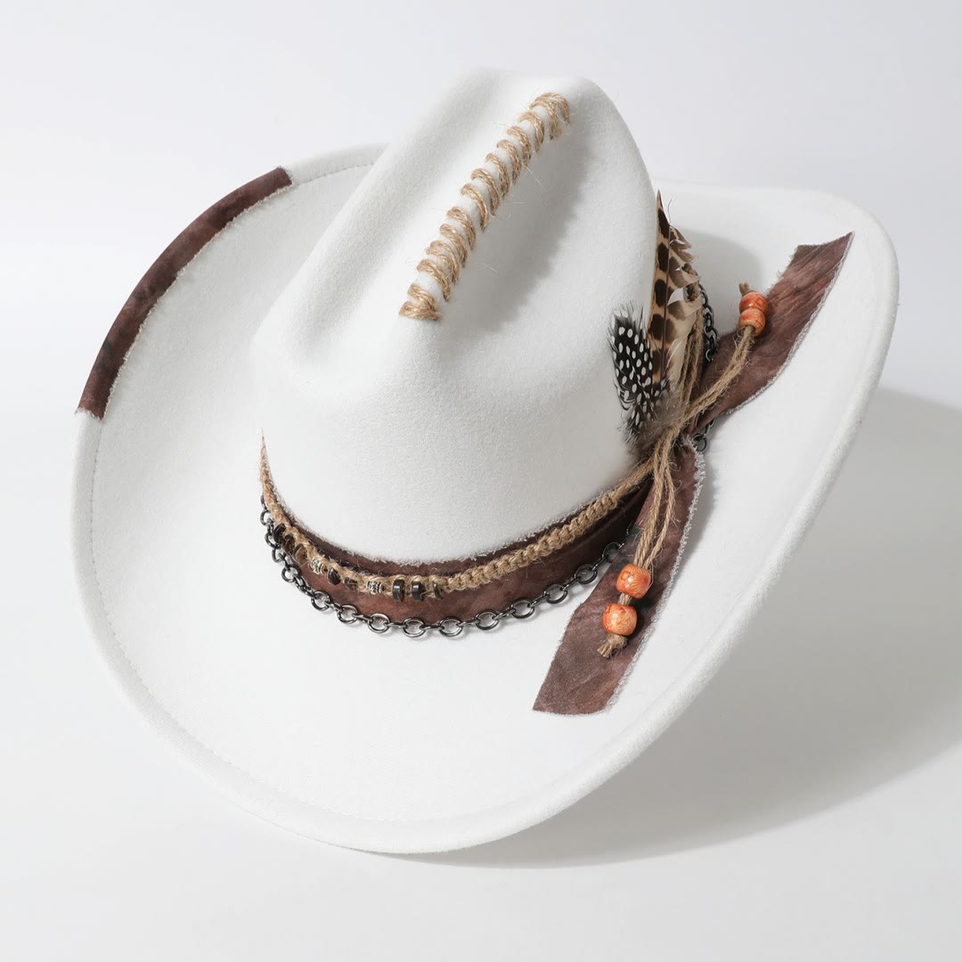 Cappello da cowboy in stile western con catena in pelle e piume - image 1