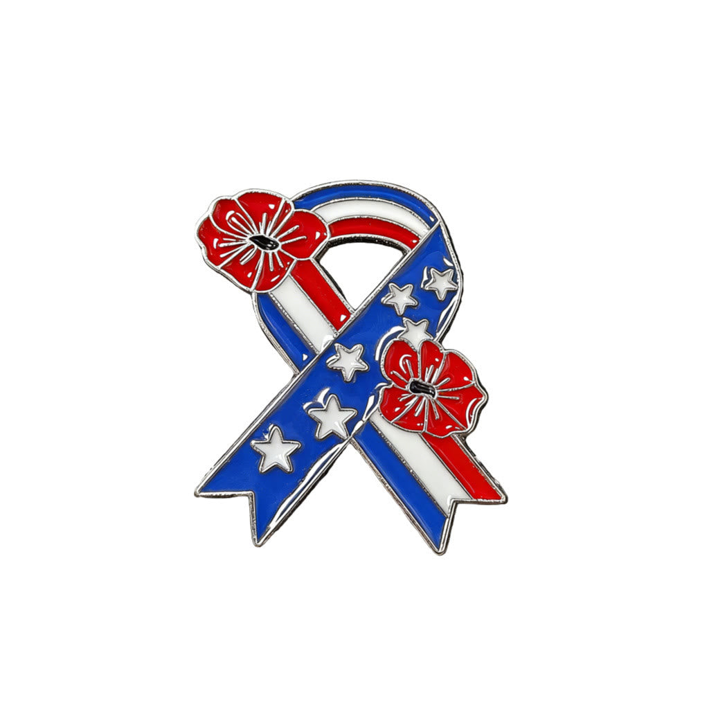 Spilla smaltata con papavero e bandiera americana con nastro patriottico - Argento - image 7