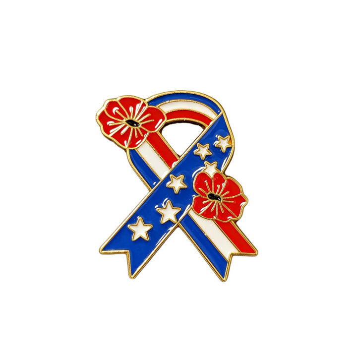 Spilla smaltata con papavero e bandiera americana con nastro patriottico - Oro - image 0